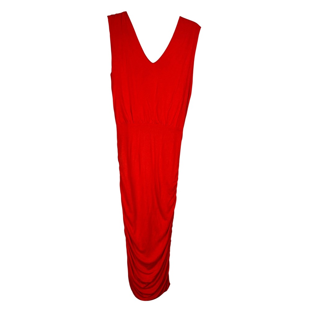 Alice + Olivia Red Ruched V-Neck Midi Dress Stretch Zipper Sleeveless Size S NWT